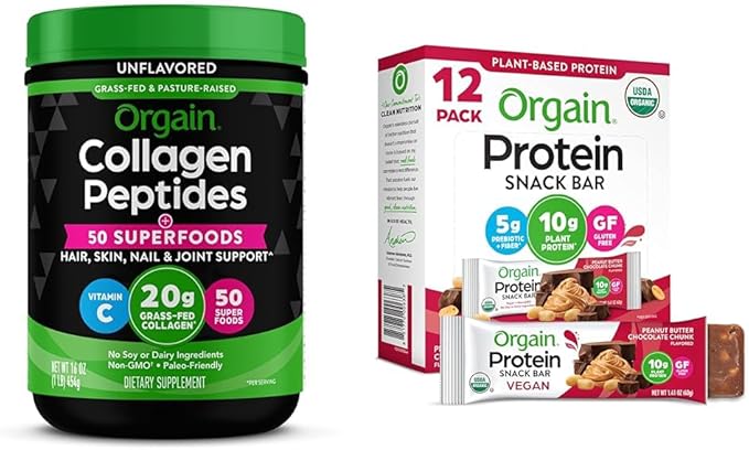 Orgain Hydrolyzed Collagen Powder + 50 Organic Superfoods 20g Grass Fed Collagen Organic Vegan Protein Bars Peanut Butter Chocolate Chunk - 10g Plant Based Protein Bundle
