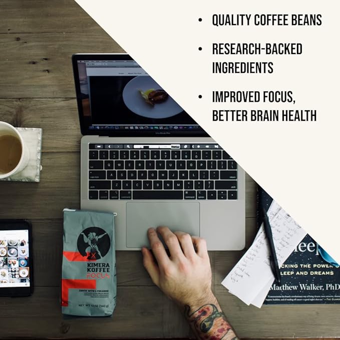 Kimera Koffee - Organic Light Roast Ground Coffee | Focus Blend | Infused with Brain Vitamins | L-theanine | Amplifies Alpha Brain Waves| Enhance Mental Endurance &amp Awareness | 12oz
