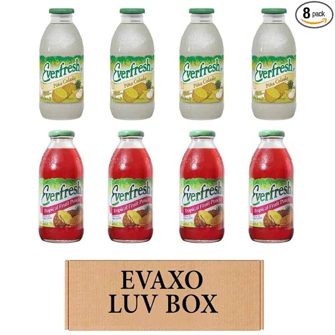 Evaxo LUV BOX - 8 Count Variety Everfresh Juice Pina Colada &amp Tropical Fruit Punch 16 oz Each Box