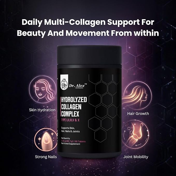 Dr. Alex Hydrolyzed Multi Collagen Supplement Tablets 1800mg (90 Tablets) - Type I II III V &amp X | Collagen Peptides Capsules for Women &amp Men | Skin Hair Nails &amp Joint Support