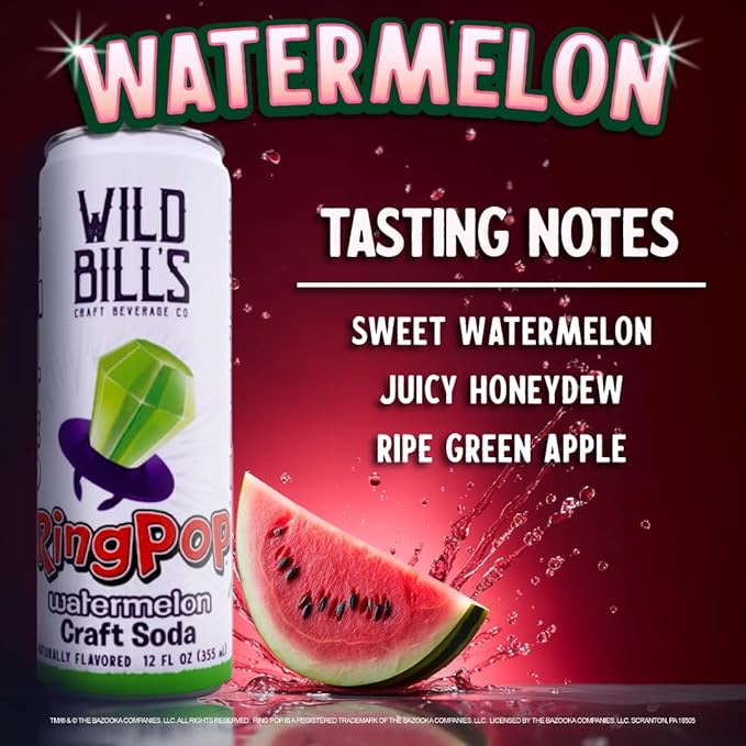 Wild Bill’s Watermelon Ring Pop Craft Soda Pop Soft Drinks - Pure Cane Sugar No HFCS Caffeine Free Vegan Gluten Free Low Sodium Lightly Carbonated – 12 Oz Cans 12 Pack