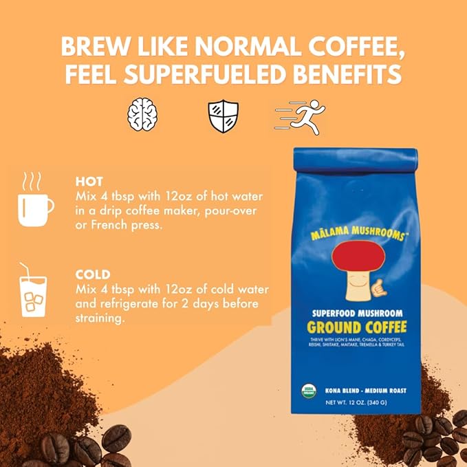 Organic Ground Mushroom Coffee by Malama | 8-Mushroom Superfood Blend with Lion’s Mane Reishi Cordyceps for Focus &amp Immune Support | Low Acid Smooth Bold Flavor Adaptogenic Energy | 12oz Bag