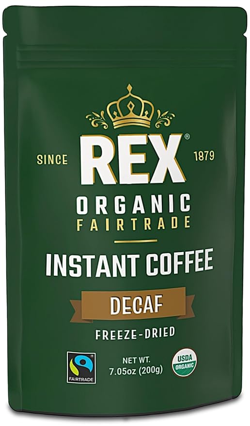 Rex Organic Fairtrade Natural Decaf Freeze-Dried Instant Coffee – Naturally Decaffeinated Arabica 7.05 oz Resealable Pouch Bag – Lab Tested for Mold &amp Mycotoxins
