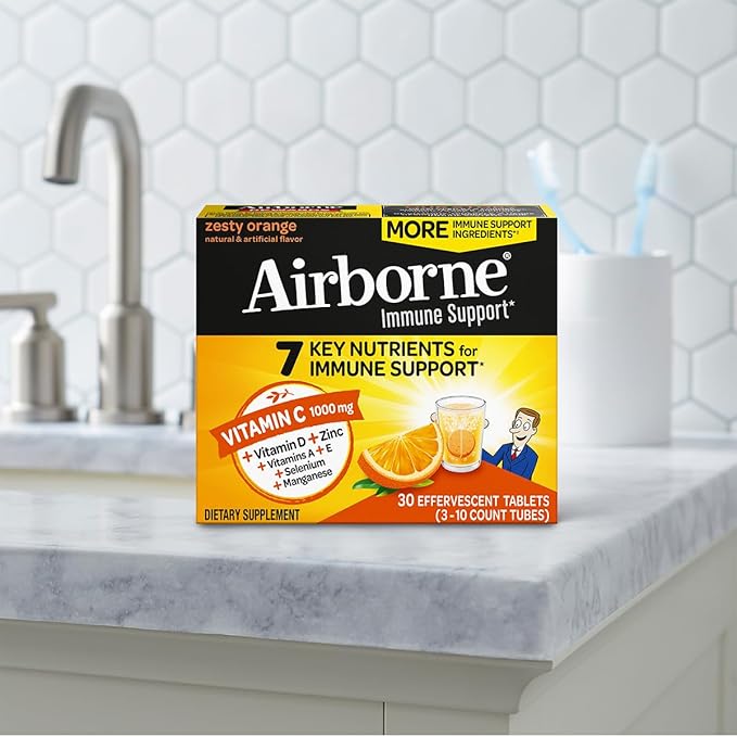 Airborne 1000mg Vitamin C + Zinc Sugar Free Multivitamin Immune Support Effervescent Fizzy Drink Tablets Zesty Orange Flavor with Powerful Antioxidants Vitamins A C &amp E 30 Tablets (2 Pack)