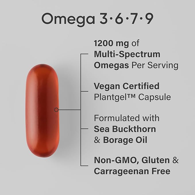 Sports Research® Vegan Omega 3-6-7-9 - 1200 mg of Multi-Spectrum Omega Fatty Acids Certified Non-GMO Formula with Sea Buckthorn &amp Borage Oil - 90 Veggie Softgels