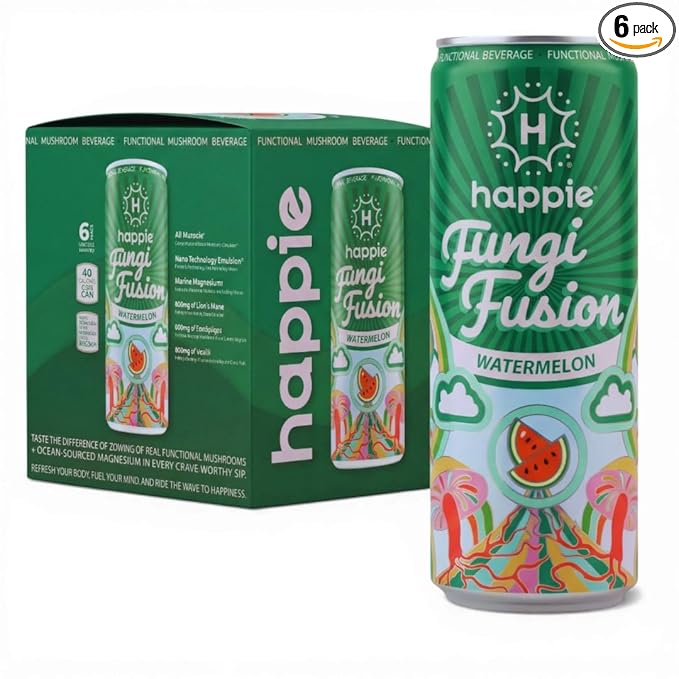 Happie Fungi Fusion Watermelon – Sparkling Adaptogen Drink with Lion’s Mane Cordyceps &amp Red Reishi – Plant-Based Nootropic 40 Calorie Zero Sugar Added Vegan Functional Soda Alternative (6 pack