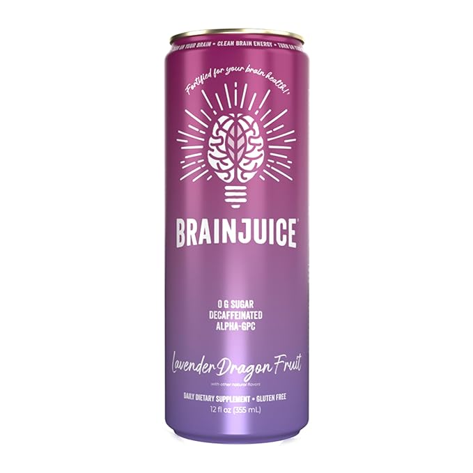 Brainjuice Brain Health Support Drink for Energy &amp Focus Vitamin C B5 B6 &amp B12 L Theanine Alpha GPC &amp Natural Caffeine From Green Tea Vegan Gluten Free Lavender Dragon Fruit 12 Oz