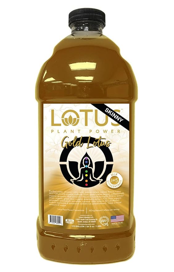 Skinny Gold Lotus Plant Energy Drink Concentrate | Zero Sugar | 64 fl oz | 1:5 | Natural Caffeine from Green Coffee Bean