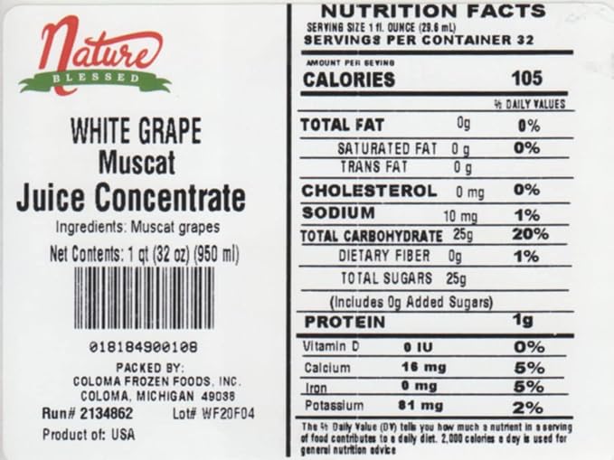 Nature Blessed 100% Pure Muscat White Grape Fruit Juice Concentrate - 4 Quarts (4/32 fl oz bottles) Especially good for Home Vintners Home Brewers Smoothies a Refreshing Drink or Making Jelly