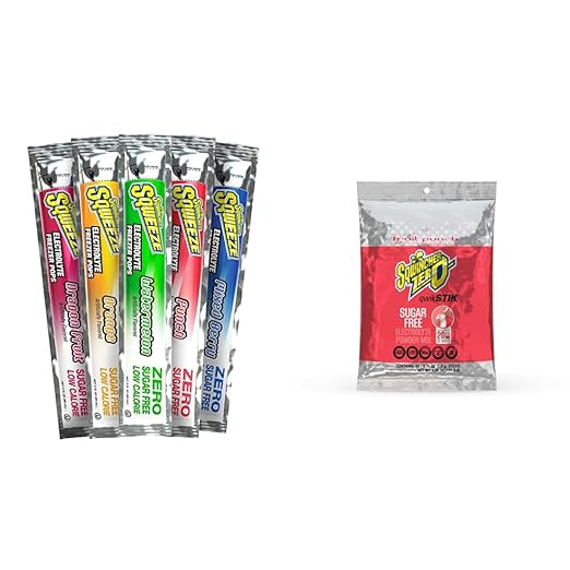 Sqwincher Sqweeze Electrolyte Freezer Pops Zero Sugar Assorted Flavors 5 bags of 10 (50 Total Freezer Pops) and Sqwincher Zero Qwik Stik Sugar Free Fruit Punch .11 0z (Pack of 50)