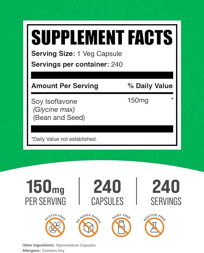 BulkSupplements.com Soy Isoflavones Capsules - Soy Isoflavones Supplement - Vegan &amp Gluten Free 1 Capsule per Serving (150mg) 240 Count (Pack of 1)