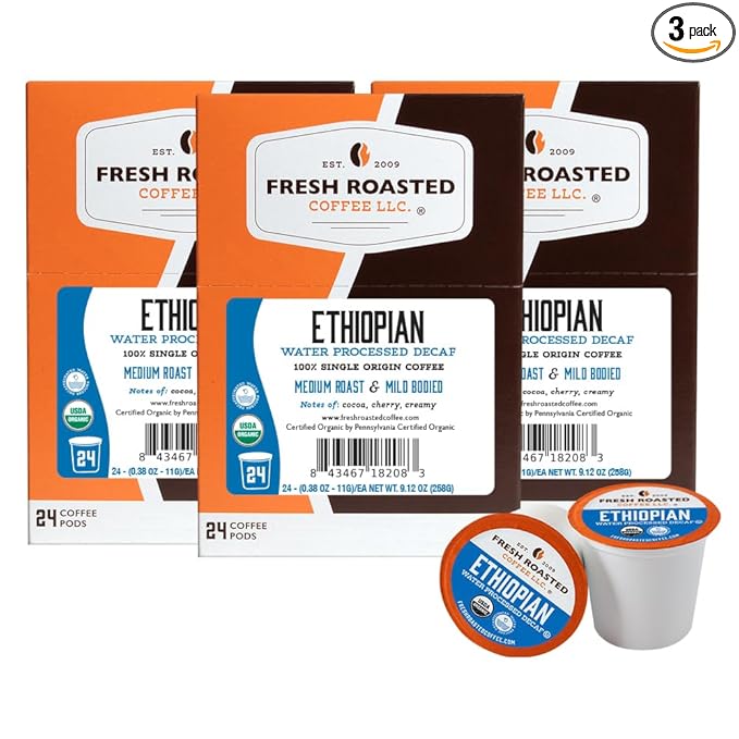 Fresh Roasted Coffee Organic Ethiopian Sidamo Water-Processed Decaf | USDA Organic 100% Single Origin Kosher | Medium Roast 72 Pods for K Cup Brewers