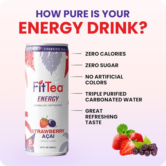 FitTea Healthy Energy Drink 12 Fl Oz - Strawberry Açai Sparkling Refresher (12 Pack) Natural Green Tea Energy Drinks Sugar Free