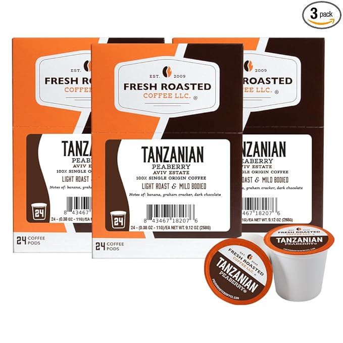 Fresh Roasted Coffee Tanzanian Peaberry Light Roast 72 Pods for K Cup Brewers