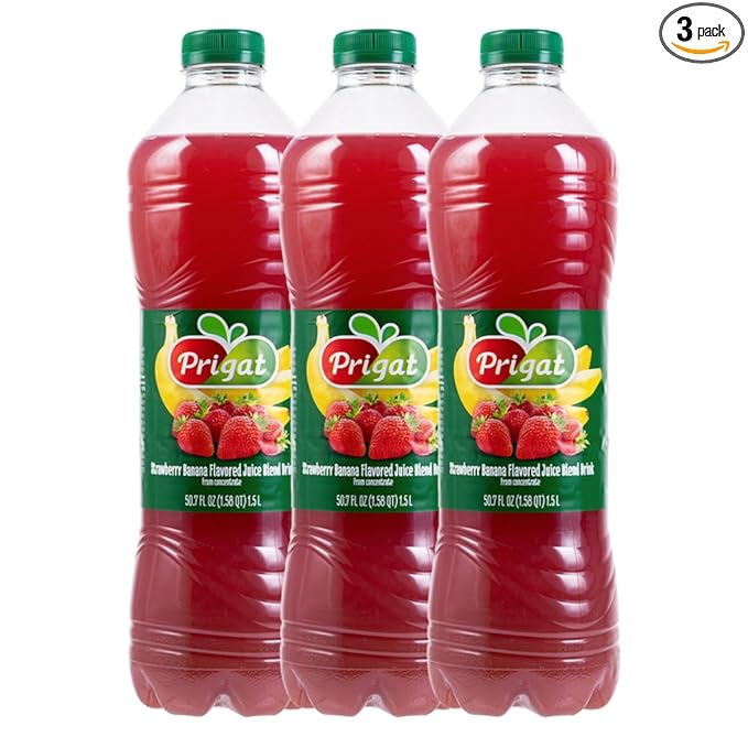 Kosher Prigat Strawberry Banana Flavored Juice Blend Drink 1.5 L Pack of 3