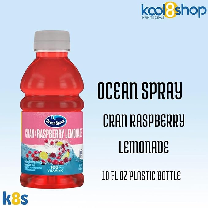 Ocean Spray Cran Raspberry Lemonade Fruit Juice Drink 10 fl oz Plastic Bottles 24 Pack + 2 Reusable Snack Bags by KOOL8SHOP Infinite Deals