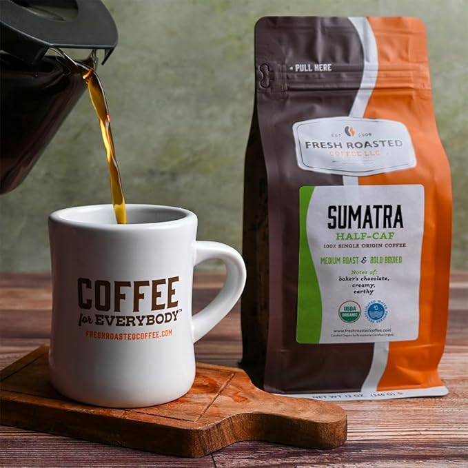 Fresh Roasted Coffee Organic Sumatra Water-Processed Half-Caf | 100% Single Origin USDA Organic Kosher | Medium Roast 12 oz Whole Bean