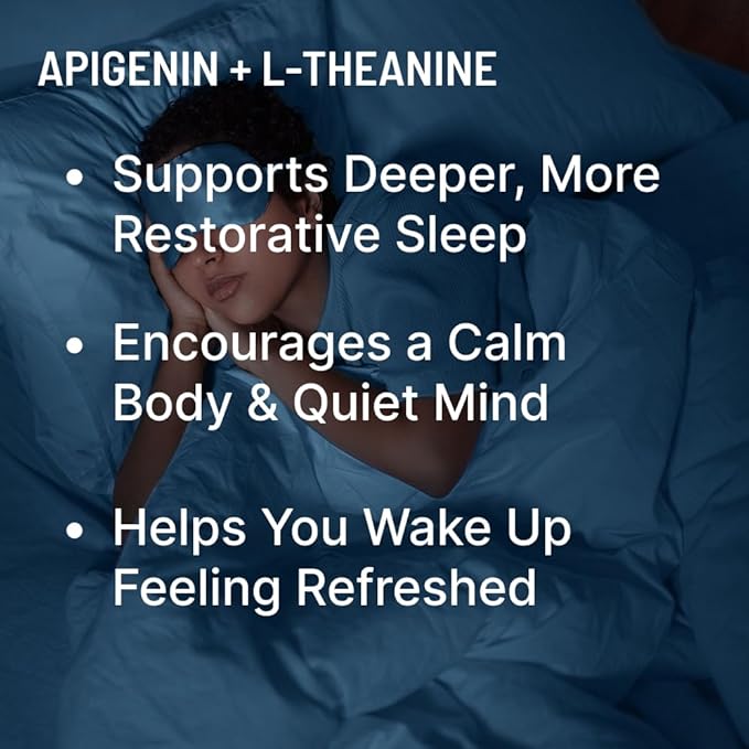 Apigenin with L-Theanine for Better Sleep | Premium Sleep Support Relaxation &amp Sleep Quality Aid | Non-Drowsy Melatonin Free | 60 Capsules