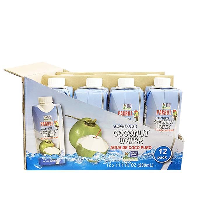 Parrot 100% Pure coconut water 11.10 fl oz 100% Juice Refreshing Coconut Taste Natural Essential Plant Based Non-GMO Electrolytes Antioxidant Low Calorie Hydrating(Pack of 12)