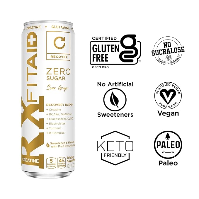 FITAID RX Zero Creatine Monohydrate 5 Calories Keto-Friendly Post-Workout Recovery Drink BCAAs L-Glutamine Turmeric Electrolytes B-Complex 12 Fl Oz (Pack of 24)