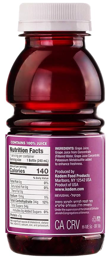 Kedem Grape Juice 8oz BPA Free Plastic Bottle (12 Pack) Made With Concord Grapes Certified Kosher