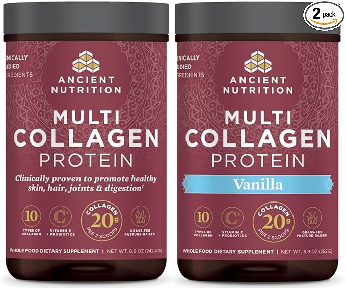 Ancient Nutrition Multi Collagen Protein Powder Unflavored 24 Servings + Multi Collagen Protein Powder Vanilla 24 Servings