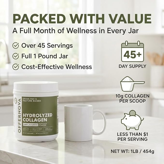 Hydrolyzed Collagen Peptides Powder - 100% Pure Grass Fed &amp Unflavored for Women &amp Men – for Healthy Bones Joints Hair &amp Skin – Colageno Hidrolizado en Polvo Piel Cabello y Articulacio