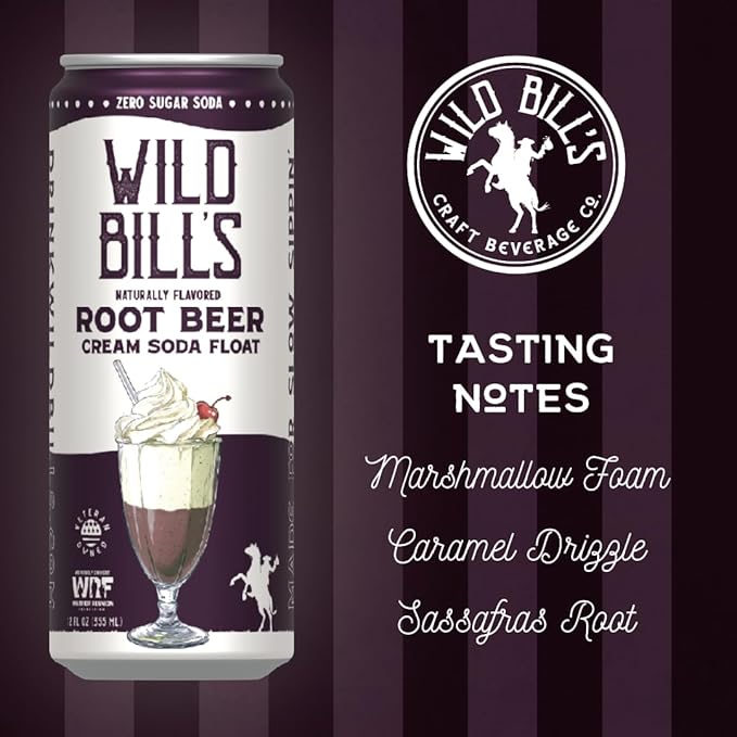 Root Beer - Wild Bill's Zero Sugar Cream Soda Zero Artificial Colors Flavors or Preservatives Naturally Sweetened (Individual 12oz Cans 12-Pack)