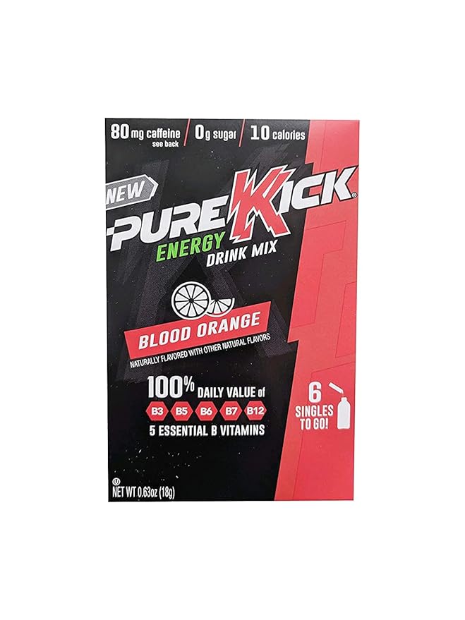 Pure Kick Energy Drink Mix - Sugar-Free 10Piece Packet Naturally Flavored Energy Supplement with 5 B Vitamins &amp 80 Mg of Caffeine Blood Orange
