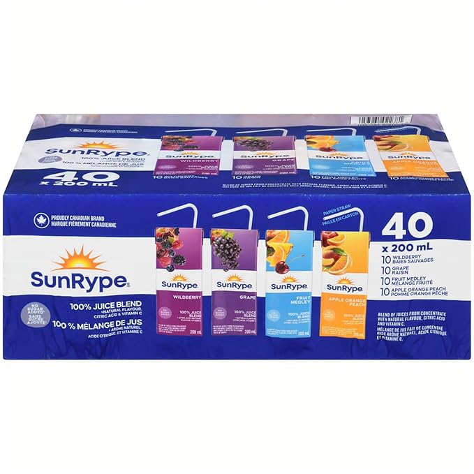 SunRype 100% Pure Fruit Juice Boxes Variety Pack Perfect for On-The-Go 40x200ml