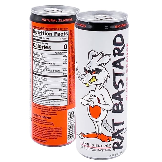 RAT BASTARD Energy Drink - Sugar-Free Caffeinated Beverage Natural Caffeine to Boost Energy and Focus Blood Orange Flavor 12 fl oz Can (Case of 12)
