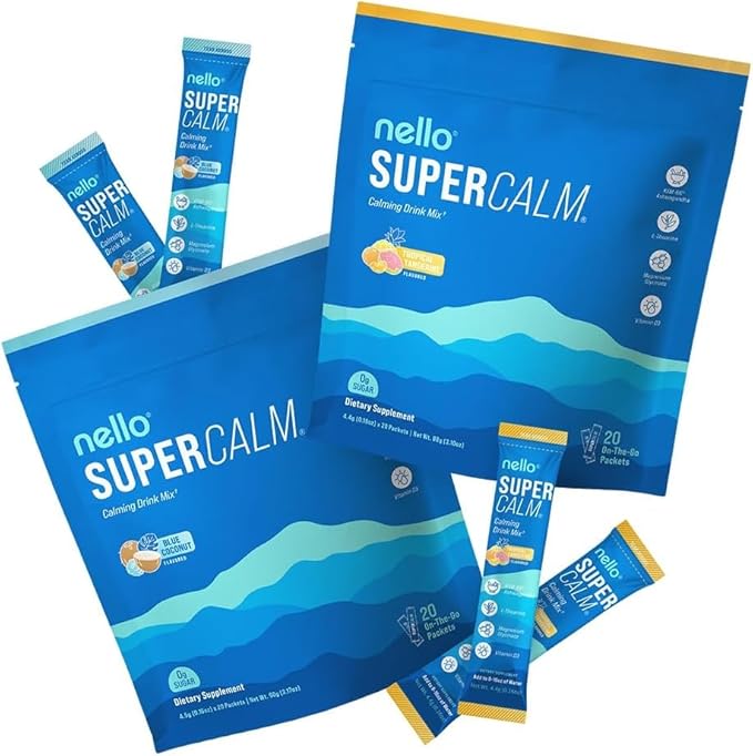 Nello Supercalm Drink Mix - Blue Coconut and Tropical Tangerine Ashwagandha KSM 66 Magnesium Glycinate &amp L-Theanine Supplement - Focus and Relaxation Support (2 x 20 Travel Packets)