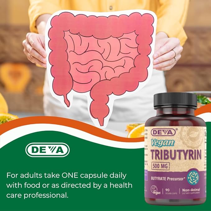 DEVA Vegan Tributyrin Supplement - Butyrate Precursor Gut Barrier Support Butyric Acid 500 MG Vegan Capsules Leaky Gut Support Digestion 90 Count