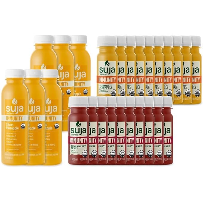 Suja Organic Immunity Shots Variety Pack | 10 Immunity Original 6 Citrus Immunity and 10 Immunity Elderberry | Plant-Based &amp Gluten-Free (2 fl oz Shots/Pack of 20 12 fl oz Juices/Pack of 6)