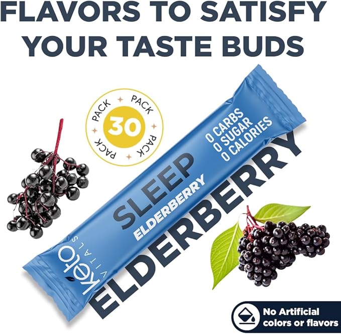 Keto Vitals Sleep Drink Electrolyte Sleep Powder Packets - Fast-Acting Sleep Blend of Melatonin 3mg GABA L-Theanine &amp Ashwagandha - Elderberry 30 Count
