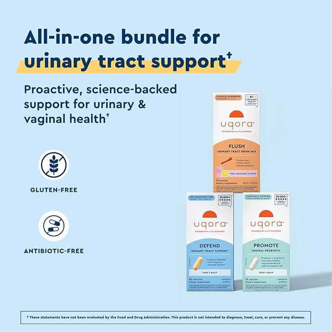 Uqora Complete Regimen with Flush Defend &amp Promote - Urinary Tract Support with D-Mannose Vitamin C Green Tea Extract Probiotics &amp More - Comprehensive Bladder Health Support* - 3-Part Bun