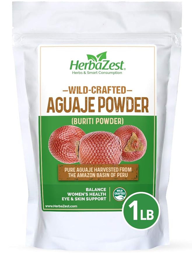 HerbaZest Aguaje Powder – 16 Ounce (1 Full LB) – Vegan &amp Gluten Free – Wild Crafted &amp 100% Pure – Perfect for Smoothies Baked &amp Non-Baked Goods Yogurt &amp Cereal Ice Cream &amp More