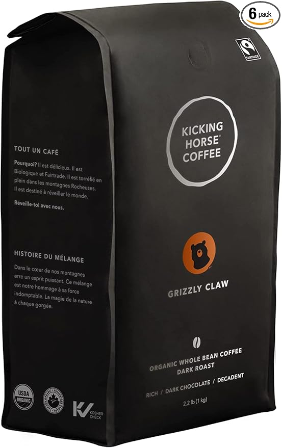 Kicking Horse Coffee Grizzly Claw Dark Roast Whole Bean 1 Kg (Pack of 6) - Certified Organic Fairtrade Kosher