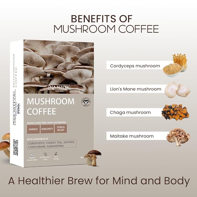 Namhya Ayurveda Mushroom Coffee for Cognitive &amp Immune Support with Lion's Mane Turkey Tail Cordyceps &amp Reishi Mushrooms - Caffeine Free Instant Coffee for Focus Memory &amp Everyday Welln