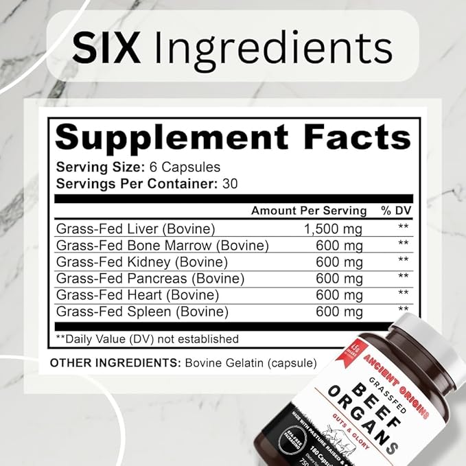 Grass Fed Beef Organs Supplement 4500mg - Desiccated Liver Bone Marrow Heart Spleen Pancreas &amp Kidney Non-GMO Gluten Free Undefatted by Ancient Origins (180 Capsules 750mg Each)