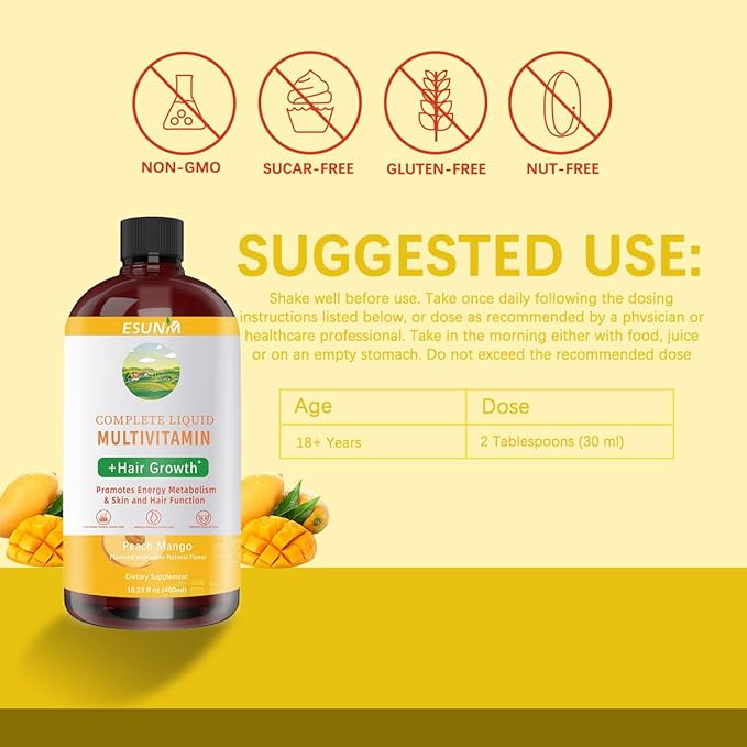 Complete Liquid Multivitamin + Hair Growth Promotes Energy Metabolism&amp Skin and Hair Function| Vitamin C D | B Vitamins | Help to Thicker Hair Wrinkles Fine Lines Skin Care (16.23OZ)