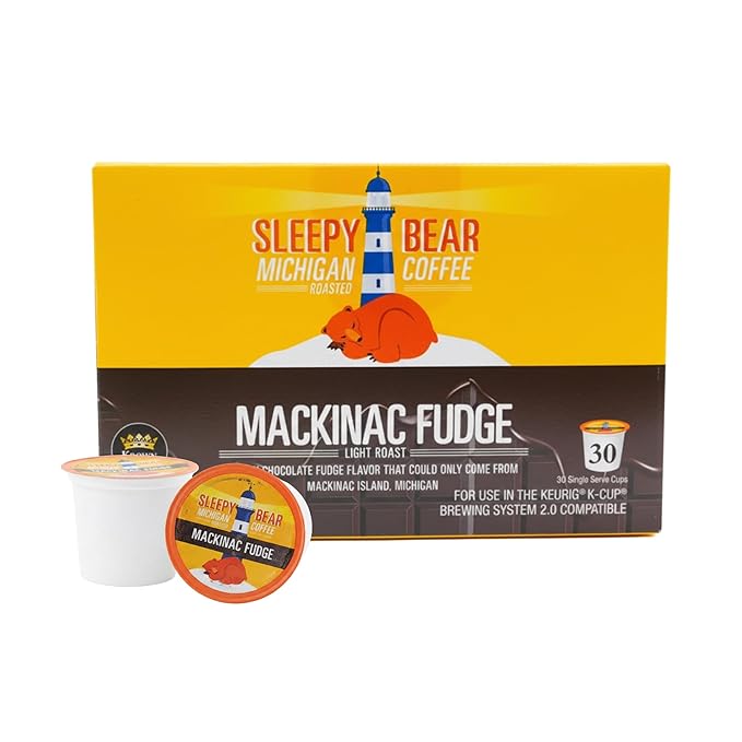 Sleepy Bear Coffee Pods Medium Roast Arabica Rich Flavor Michigan-Made Smooth &amp Sweet No Sugar Added 30ct Pods Compatible with Single-Serve Brewers (Mackinac Fudge)