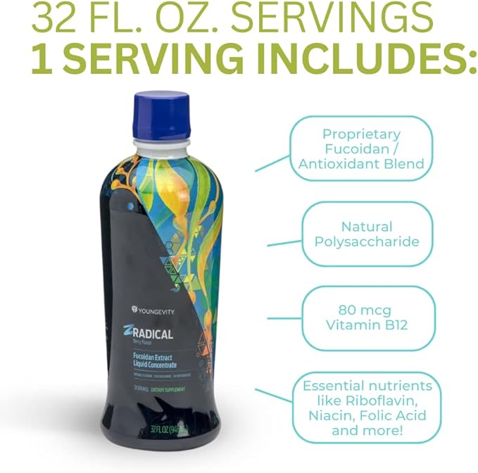 Youngevity ZRadical™ Fucoidan - Organic Maritech Fucoidan Extract &amp Cofactors (Vitamin C B12 B6 Dragonfruit Wolfberry Milk Thistle) - Immune Support - Super Antioxidant 32 Fl Oz (Pack of 1)