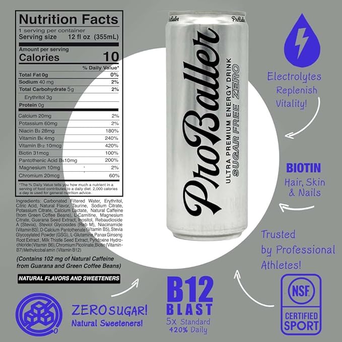 ProBaller Clean Energy Drink - Athlete-Grade Energy for Focus &amp Performance Zero Sugar NSF Certified for Sport Natural Caffeine Biotin Electrolytes Amino Acids &amp B Vitamins - Citrus 12 f