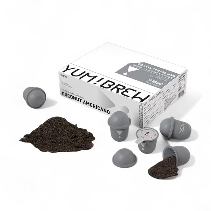 Yum!Brew Instant Coconut Americano Coffee – Freeze-Dried Yunnan Arabica | 12 Servings | Smooth &amp Nutty Flavor | Hot or Cold Brew | No Sugar | Low Calorie | Travel-Friendly Pods