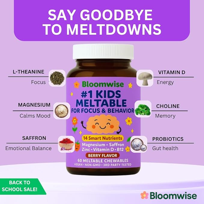 Bloomwise Kids Supplements for Focus &amp Calm 14-in-1 Brain Behavior Mood &amp Attention Support | Magnesium Saffron Zinc Vitamin D &amp B12 | Sugar-Free Vegan Berry Meltables 60 chewable Ta