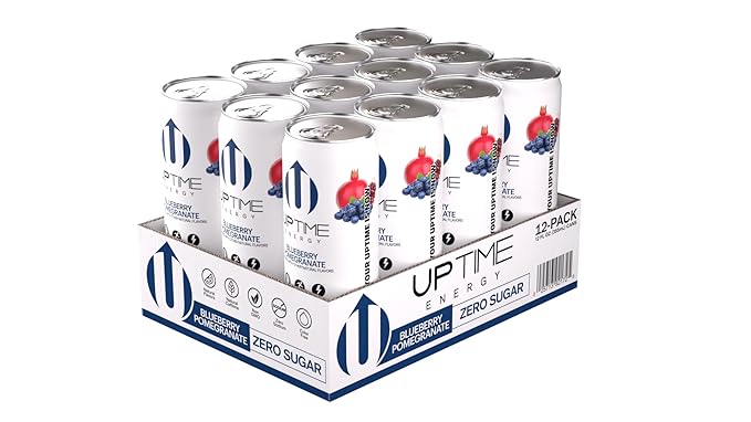 UPTIME Energy Drink Blueberry Pomegranate 12 Pack Vitamin C L Theanine Calcium Sugar Free Energy Drinks for Focus Support 142mg of Natural Caffeine 0 Calories Clean Natural 12 fl oz Cans