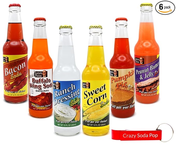 Generic Lester's Fixins Soda | 6 Pack of Unique Weird and Unusual Flavors of Food Soda Pop with Real Cane Sugar | 12 oz Glass Bottles in a Mixed 6 Pack Sampler with Crazy Soda Pop Bottle Opener