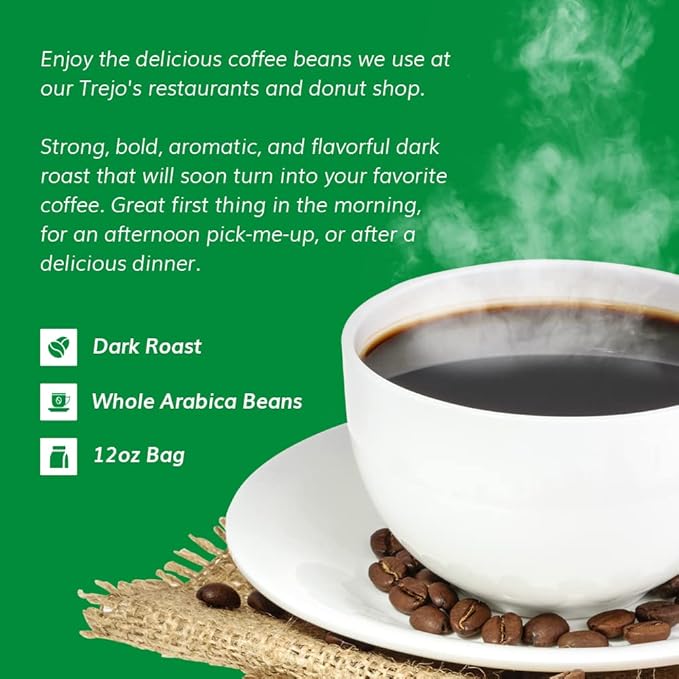 Trejo's Coffee House Blend Dark Roast Whole Bean Coffee 12 Ounce Bag 100% Arabica