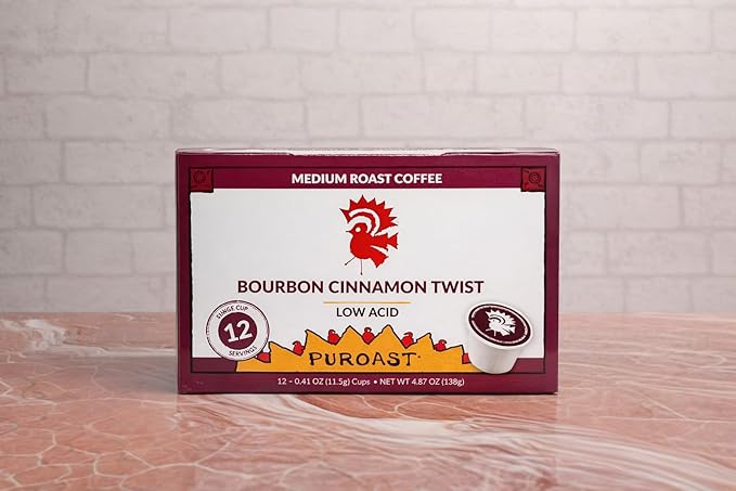 Puroast Low Acid Bourbon Cinnamon Twist Coffee Pods 12 Count – 5X Less Acid 5X Higher Antioxidants Smooth Flavored Coffee K-Cup Compatible No Bitterness Easy on Stomach